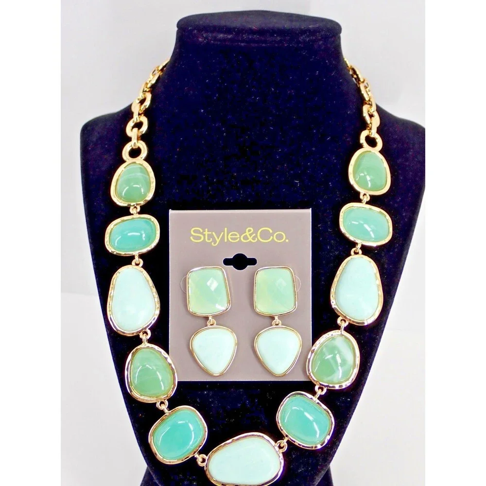 Style & Co. Gold-Tone Green Stone Statement Necklace & Matching Earring Set NWT
